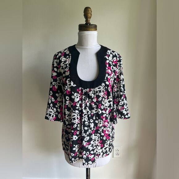 TRINA TURK ABSTRACT FLORAL SILK BLOUSE BLACK PINK WHITE MEDIUM - Picture 1 of 6